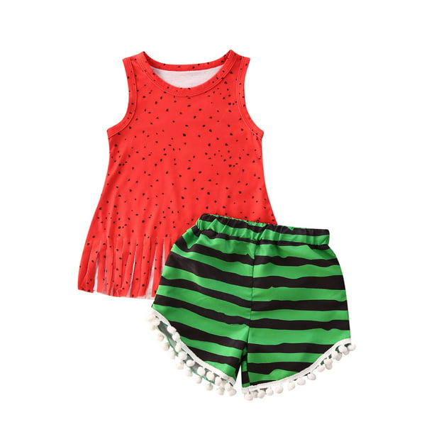 Short Pants Headband Watermelon Tassel Outfit 3 Pcs Baby Girls Summer Top Shirt 